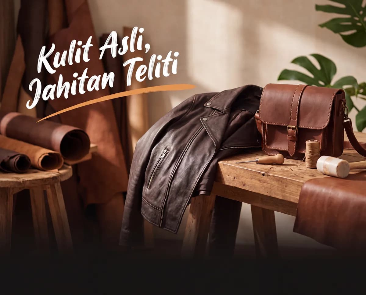Jaket dan tas kulit buatan tangan di meja kerja perajin, dengan tulisan “Kulit Asli, Jahitan Teliti”